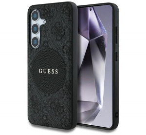 CG MOBILE GUESS 4G ROUND PATCH CLASSIC LOGO szilikon telefonv&eacute;dő (&uuml;t&eacute;s&aacute;ll&oacute;s&aacute;g, textil h&aacute;tlap, MagSafe) FEKETE Samsung Galaxy S25 (SM-S931) (GUHMS25SP4