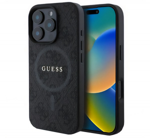 CG MOBILE GUESS 4G RING CLASSIC LOGO szilikon telefonv&eacute;dő (&uuml;t&eacute;s&aacute;ll&oacute;s&aacute;g, textil h&aacute;tlap, MagSafe) FEKETE Apple iPhone 16 Pro Max (GUHMP16XG4GFRK)