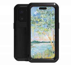 Love Mei Powerful defender telefonv&eacute;dő (f&eacute;m keret, erős &uuml;t&eacute;s&aacute;ll&oacute;s&aacute;g, por&aacute;ll&oacute; + k&eacute;pernyőv&eacute;dő &uuml;veg) FEKETE Apple iPhone 16 Pro (GP-164825)