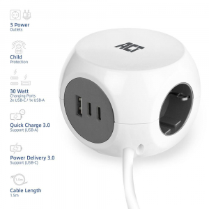 ACT Power Strip Cube F Socket H&aacute;l&oacute;zati Eloszt&oacute; 3DIN 1,5m feh&eacute;r (AC2420)
