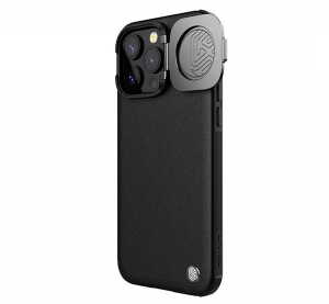 Nillkin CAMSHIELD PROP LEATHER műanyag telefonvédő (ütésállóság, bőr hatású hátlap, kameravédő, kitámasztó) FEKETE Apple iPhone 15 Pro (GP-155017)