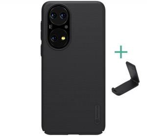 Nillkin SUPER FROSTED műanyag telefonv&eacute;dő (gum&iacute;rozott, &eacute;rdes fel&uuml;let + asztali tart&oacute;) FEKETE Huawei P50 (GP-113909)