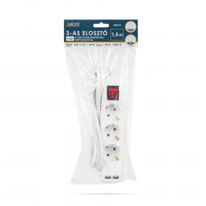 Delight Eloszt&oacute; 3-as - 3 x 1,5 mm - 1,5 m - 2 x USB-vel - kapcsol&oacute;s (20221U)