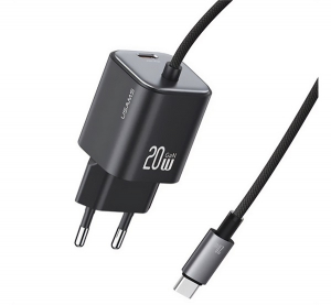 Usams JC MINI h&aacute;l&oacute;zati t&ouml;ltő Type-C aljzat (20W, PD gyorst&ouml;ltő, GaN + fix Type-C k&aacute;bel) FEKETE (CC261TC01)