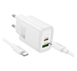 Hoco N61 h&aacute;l&oacute;zati t&ouml;ltő USB+Type-C aljzat (20W, PD gyorst&ouml;ltő 3.0 + Type-C k&aacute;bel) FEH&Eacute;R (N61_USB_TYPEC_TYPEC_W)