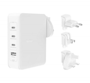 Belkin BOOST CHARGE PRO utaz&oacute; t&ouml;ltő USB+3 Type-C aljzat (140W, GaN, gyorst&ouml;lt&eacute;s, EU, UK, US) FEH&Eacute;R (WCH014BTWH)