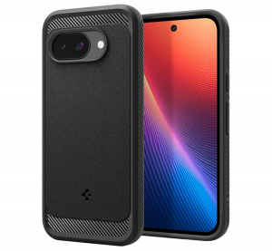 Spigen RUGGED ARMOR szilikon telefonv&eacute;dő (&uuml;t&eacute;s&aacute;ll&oacute;s&aacute;g, l&eacute;gp&aacute;rn&aacute;s sarok, karbon minta, MagSafe) FEKETE Google Pixel 9a (ACS09041)