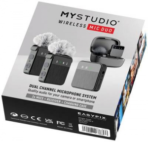 Easypix MyStudio Wireless Mic Duo R&aacute;tűzhető St&uacute;di&oacute; mikrofon &Aacute;tviteli m&oacute;d:Vezet&eacute;kes, R&aacute;di&oacute;jel vez&eacute;rl&eacute;sű Sz&eacute;lv&eacute;dővel, Mikrofon tart&oacute;val USB-C Vezet&eacute;kes,