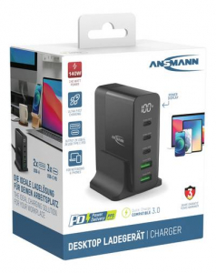 Ansmann Desktop Ladeger&auml;t mit Display  140W USB-s t&ouml;ltők&eacute;sz&uuml;l&eacute;k 140 W 2x USB-A, 3x USB-C Power Delivery Fekete Belt&eacute;r (DC5140PD)