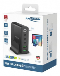 Ansmann Desktop Ladeger&auml;t mit Display  140W USB-s t&ouml;ltők&eacute;sz&uuml;l&eacute;k 140 W 2x USB-A, 3x USB-C Power Delivery Fekete Belt&eacute;r (DC5140PD)