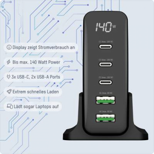 Ansmann Desktop Ladeger&auml;t mit Display  140W USB-s t&ouml;ltők&eacute;sz&uuml;l&eacute;k 140 W 2x USB-A, 3x USB-C Power Delivery Fekete Belt&eacute;r (DC5140PD)