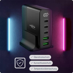 Ansmann Desktop Ladeger&auml;t mit Display  140W USB-s t&ouml;ltők&eacute;sz&uuml;l&eacute;k 140 W 2x USB-A, 3x USB-C Power Delivery Fekete Belt&eacute;r (DC5140PD)