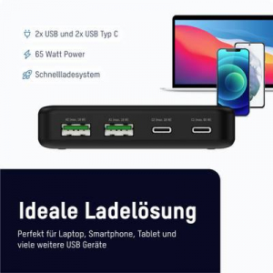 Ansmann Desktop Ladeger&auml;t  65W USB-s t&ouml;ltők&eacute;sz&uuml;l&eacute;k 65 W 2x USB-A, 2x USB-C Power Delivery Fekete Belt&eacute;r (DC465PD)