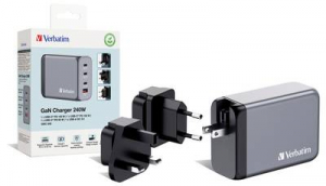 Verbatim GNC-240 GaN &Uacute;ti t&ouml;ltőadapter 240 W 1x USB-A, 3x USB-C Power Delivery, USB PD 3.1, QC 3.0 Sz&uuml;rke GaN, Eur&oacute;pai adapterrel, UK adapterrel, USA a