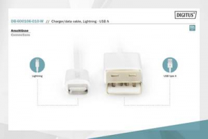 Digitus Apple iPad/iPhone/iPod Csatlakoz&oacute;k&aacute;bel [1x USB, USB 2.0 dug&oacute;, A t&iacute;pus - 1x Apple Dock dug&oacute; Lightning] 1.00 m Feh&eacute;r (DB-600106-010-W)