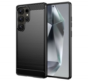 Szilikon telefonv&eacute;dő (&uuml;t&eacute;s&aacute;ll&oacute;s&aacute;g, l&eacute;gp&aacute;rn&aacute;s sarok, sz&aacute;lcsiszolt, karbon minta) FEKETE Samsung Galaxy S25 Ultra (SM-S938) "Gigapack csomagol&aacute;s" (GP-16