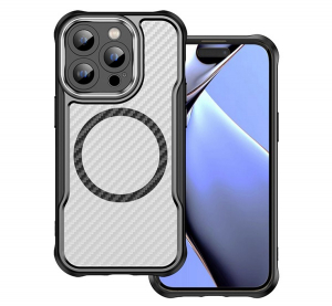 Szilikon telefonv&eacute;dő (&uuml;t&eacute;s&aacute;ll&oacute;s&aacute;g, l&eacute;gp&aacute;rn&aacute;s sarok, kamerav&eacute;dő, karbon minta, MagSafe) FEKETE Apple iPhone 14 Pro "Gigapack csomagol&aacute;s" (GP-168568)