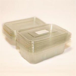 Ételtároló doboz, egybefedeles, újrahasznosított műanyag, szögletes, 1000 ml, 100 db, "Party", víztiszta (KHMU294)