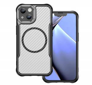 Szilikon telefonv&eacute;dő (&uuml;t&eacute;s&aacute;ll&oacute;s&aacute;g, l&eacute;gp&aacute;rn&aacute;s sarok, kamerav&eacute;dő, karbon minta, MagSafe) FEKETE Apple iPhone 14 "Gigapack csomagol&aacute;s" (GP-168566)