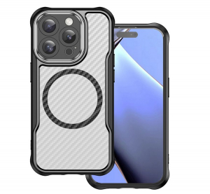 Szilikon telefonv&eacute;dő (&uuml;t&eacute;s&aacute;ll&oacute;s&aacute;g, l&eacute;gp&aacute;rn&aacute;s sarok, kamerav&eacute;dő, karbon minta, MagSafe) FEKETE Apple iPhone 16 Pro Max "Gigapack csomagol&aacute;s" (GP-168584