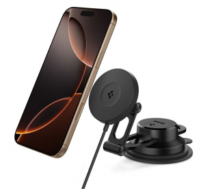 Spigen ONETAP PRO4 aut&oacute;s tart&oacute; (műszerfalra, sz&eacute;lv&eacute;dőre, m&aacute;gneses, 360&deg;, wireless, gyorst&ouml;ltő, 15W) FEKETE (ACP08544)