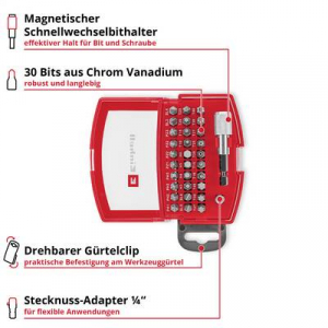 Einhell BELT CLIP  Bit k&eacute;szlet 32 r&eacute;szes TORX, PZ, PH, Egyeneshorny&uacute;, Tamper Torx Bit tart&oacute;val (118495)