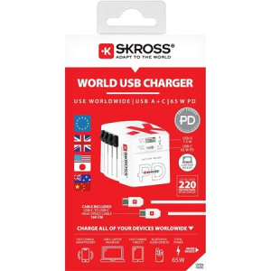 SKROSS H&aacute;l&oacute;zati t&ouml;ltő, vil&aacute;gutaz&oacute;knak, 1xUSB-A, 1xUSB-C PD, 65W, USB-C k&aacute;bel,  (SKHT65WT)