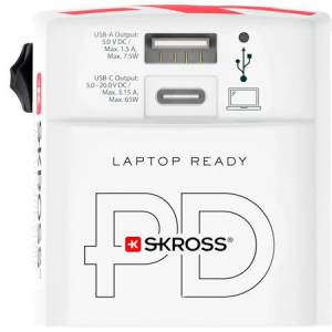SKROSS H&aacute;l&oacute;zati t&ouml;ltő, vil&aacute;gutaz&oacute;knak, 1xUSB-A, 1xUSB-C PD, 65W, USB-C k&aacute;bel,  (SKHT65WT)