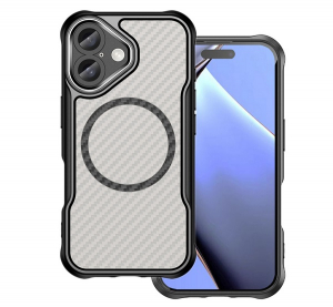 Szilikon telefonv&eacute;dő (&uuml;t&eacute;s&aacute;ll&oacute;s&aacute;g, l&eacute;gp&aacute;rn&aacute;s sarok, kamerav&eacute;dő, karbon minta, MagSafe) FEKETE Apple iPhone 16 "Gigapack csomagol&aacute;s" (GP-168574)
