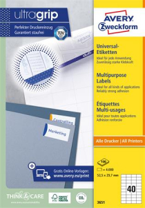 AVERY ZWECKFORM Etikett, univerz&aacute;lis, 52,5x29,7 mm, , 4000 etikett/csomag (AY3651)