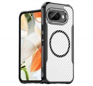 Szilikon telefonv&eacute;dő (&uuml;t&eacute;s&aacute;ll&oacute;s&aacute;g, l&eacute;gp&aacute;rn&aacute;s sarok, kamerav&eacute;dő, karbon minta, MagSafe) FEKETE Google Pixel 9a "Gigapack csomagol&aacute;s" (GP-168941)