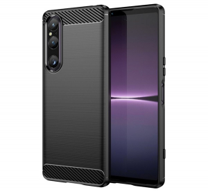 Szilikon telefonv&eacute;dő (&uuml;t&eacute;s&aacute;ll&oacute;s&aacute;g, l&eacute;gp&aacute;rn&aacute;s sarok, sz&aacute;lcsiszolt, karbon minta) FEKETE Sony Xperia 1 V (XQ-DQ72) "Gigapack csomagol&aacute;s" (GP-141716)
