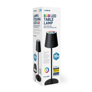 Platinet Asztali l&aacute;mpa, RGB, akkumul&aacute;toros, v&iacute;z&aacute;ll&oacute;, 10 &oacute;ra &uuml;zemidő, 3000K, fekete (PTL44RGB)