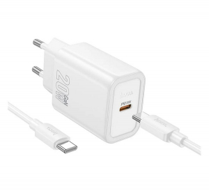 Hoco N60 h&aacute;l&oacute;zati t&ouml;ltő Type-C aljzat (20W, PD gyorst&ouml;ltő 3.0 + Type-C k&aacute;bel) FEH&Eacute;R (N60 TYPE-C WHITE)