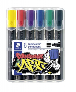 STAEDTLER Alkoholos marker k&eacute;szlet, 2-5 mm, v&aacute;gott,  "Lumocolor 350", 6 k&uuml;l&ouml;nb&ouml;ző sz&iacute;n (TS350WP61)