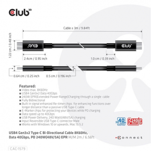 Club3D USB4 Gen3x2 Type-C Bi-Directional Cable 8K60Hz or 4K120Hz, Data 40Gbps, PD 240W(48V/5A) EPR M/M 3m (CAC-1579)