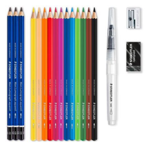 STAEDTLER Akvarell ceruza k&eacute;szlet, ecsettel, rad&iacute;rral, hegyezővel, grafitceruz&aacute;val,  "146 10C", 12 k&uuml;l&ouml;nb&ouml;ző sz&iacute;n (TS6114610C)