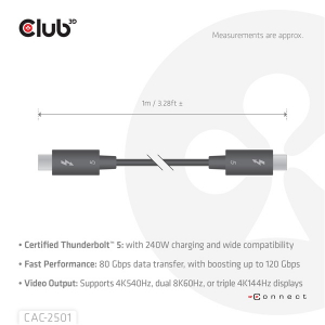 Club3D K&aacute;bel -  (Thunderbolt 5 USB-C to USB-C, 240W, 80/120 Gbps, EPR, 8K240Hz, 1m) (CAC-2501)