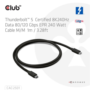 Club3D K&aacute;bel -  (Thunderbolt 5 USB-C to USB-C, 240W, 80/120 Gbps, EPR, 8K240Hz, 1m) (CAC-2501)