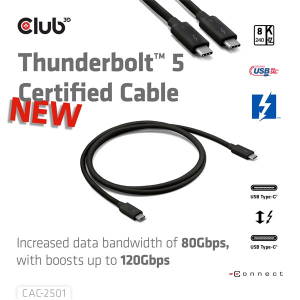 Club3D K&aacute;bel -  (Thunderbolt 5 USB-C to USB-C, 240W, 80/120 Gbps, EPR, 8K240Hz, 1m) (CAC-2501)
