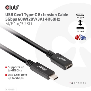 Club3D K&aacute;bel -  (USB-C Gen 1 to USB-C, 5Gbps, 60W, 4K60Hz, M/F, 1m) (CAC-1531)
