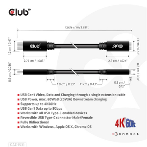 Club3D K&aacute;bel -  (USB-C Gen 1 to USB-C, 5Gbps, 60W, 4K60Hz, M/F, 1m) (CAC-1531)