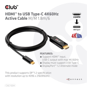 Club3D K&aacute;bel -  (HDMI to USB-C, Akt&iacute;v, M/M, 4K60Hz, 1.8m) (CAC-1334)
