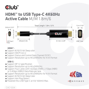 Club3D K&aacute;bel -  (HDMI to USB-C, Akt&iacute;v, M/M, 4K60Hz, 1.8m) (CAC-1334)