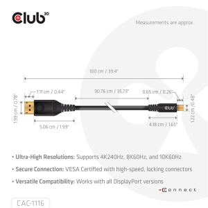 Club3D K&aacute;bel -  (Mini DisplayPort to DisplayPort, DP80, Bidirektional, VESA, 4K240Hz, 8K60Hz, 10K60Hz, 1m) (CAC-1116)