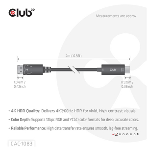 Club3D K&aacute;bel -  (DisplayPort 1.4 to HDMI 2.0, akt&iacute;v adapter, 4K60Hz, HDR, 2m) (CAC-1083)