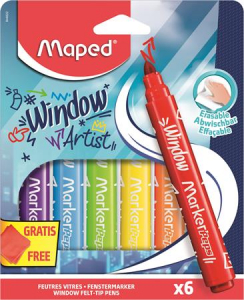 Maped Ablakfilc k&eacute;szlet, vastag, t&ouml;rlőkendővel, 5 mm,  "Marker`Peps", 6 k&uuml;l&ouml;nb&ouml;ző sz&iacute;n (IMA844822)