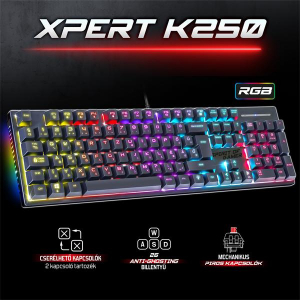 Spirit Of Gamer Billentyűzet Mechanikus - XPERT K250 (105 gomb, SOG red, RGB LED,USB, anti-ghosting, fekete, magyar) (CLA-XK250BK)