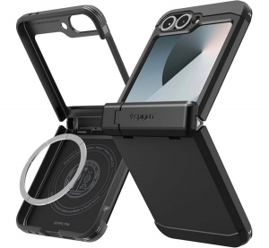 Spigen TOUGH ARMOR PRO műanyag telefonv&eacute;dő (&uuml;t&eacute;s&aacute;ll&oacute;s&aacute;g, kit&aacute;maszt&oacute;, karbon minta, MagSafe) FEKETE Samsung Galaxy Z Flip6 (SM-F741) / Galaxy Z Flip7 F