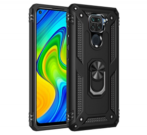 Defender szilikon telefonv&eacute;dő (&uuml;t&eacute;s&aacute;ll&oacute;s&aacute;g, tart&oacute;gyűrű, m&aacute;gneses) FEKETE Xiaomi Redmi Note 9 (10X 4G) "Gigapack csomagol&aacute;s" (GP-99802)